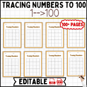 tracing numbers to 100, number tracing workbook, learn numbers for kids, kids tracing book, preschool number activities, 100+ page workbook, handwriting practice, fine motor skills, kids educational activities