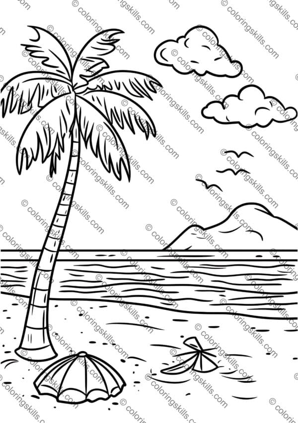 Beach coloring pages, summer coloring sheets for kids, ocean-themed coloring book, printable beach coloring pages, seaside activity sheets, fun summer printables, kids' beach coloring activities, marine life coloring pages, coastal scene coloring sheets, beach vacation coloring printables