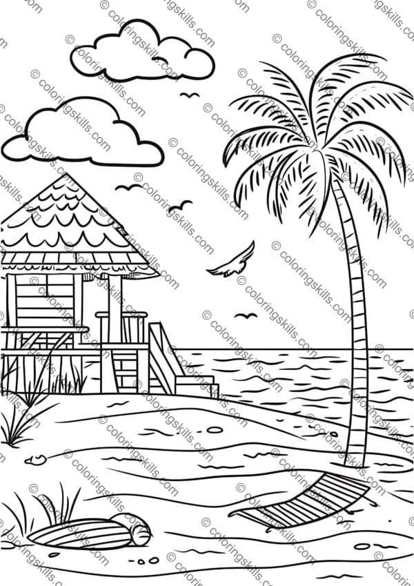 Beach coloring pages, summer coloring sheets for kids, ocean-themed coloring book, printable beach coloring pages, seaside activity sheets, fun summer printables, kids' beach coloring activities, marine life coloring pages, coastal scene coloring sheets, beach vacation coloring printables