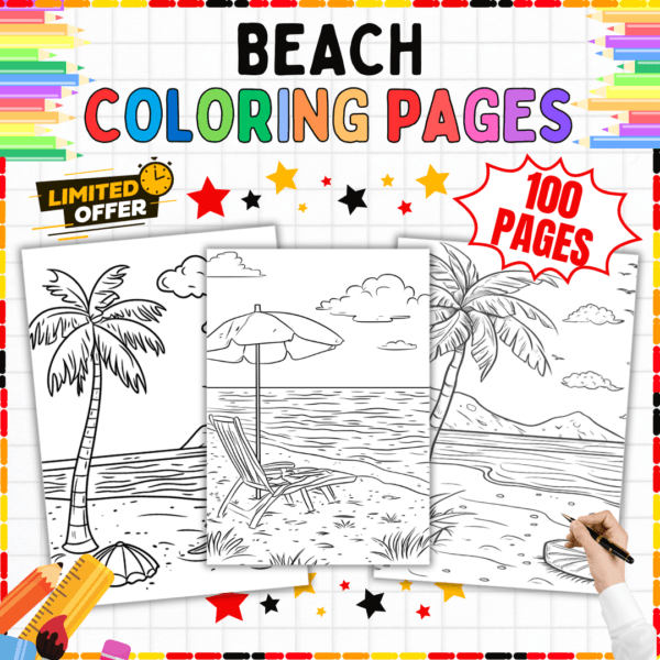 Beach coloring pages, summer coloring sheets for kids, ocean-themed coloring book, printable beach coloring pages, seaside activity sheets, fun summer printables, kids' beach coloring activities, marine life coloring pages, coastal scene coloring sheets, beach vacation coloring printables