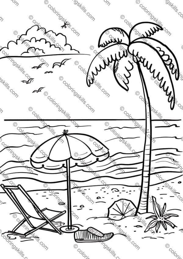 Beach Coloring Pages, Summer Fun Coloring Sheets, Printable Beach Coloring Pages, Ocean Coloring Pages, Beach-Themed Coloring Printables, Coastal Coloring Sheets, Tropical Beach Coloring Pages, Summer Vacation Coloring Pages, Relaxing Beach Coloring Printables, Seaside Coloring Pages for Kids & Adults