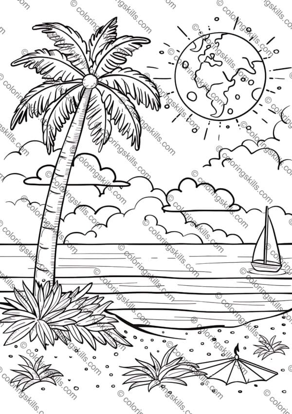 Beach Coloring Pages, Summer Fun Coloring Sheets, Printable Beach Coloring Pages, Ocean Coloring Pages, Beach-Themed Coloring Printables, Coastal Coloring Sheets, Tropical Beach Coloring Pages, Summer Vacation Coloring Pages, Relaxing Beach Coloring Printables, Seaside Coloring Pages for Kids & Adults