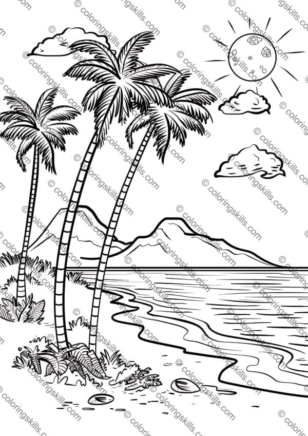 Beach Coloring Pages, Summer Fun Coloring Sheets, Printable Beach Coloring Pages, Ocean Coloring Pages, Beach-Themed Coloring Printables, Coastal Coloring Sheets, Tropical Beach Coloring Pages, Summer Vacation Coloring Pages, Relaxing Beach Coloring Printables, Seaside Coloring Pages for Kids & Adults