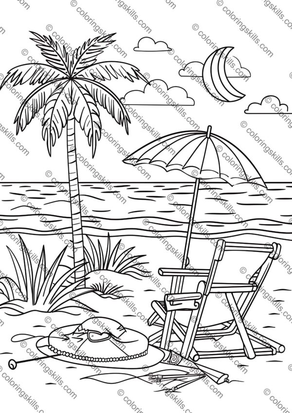 Beach Coloring Pages, Summer Fun Coloring Sheets, Printable Beach Coloring Pages, Ocean Coloring Pages, Beach-Themed Coloring Printables, Coastal Coloring Sheets, Tropical Beach Coloring Pages, Summer Vacation Coloring Pages, Relaxing Beach Coloring Printables, Seaside Coloring Pages for Kids & Adults