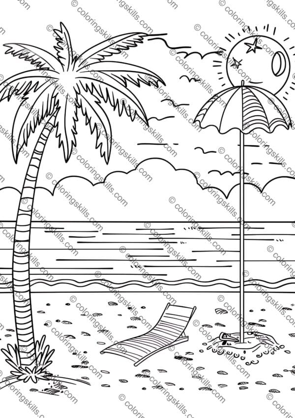 Beach Coloring Pages, Summer Fun Coloring Sheets, Printable Beach Coloring Pages, Ocean Coloring Pages, Beach-Themed Coloring Printables, Coastal Coloring Sheets, Tropical Beach Coloring Pages, Summer Vacation Coloring Pages, Relaxing Beach Coloring Printables, Seaside Coloring Pages for Kids & Adults